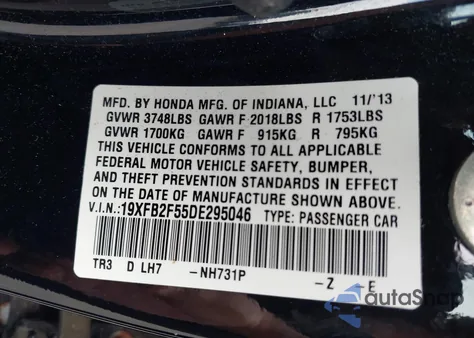 2013 Honda Civic Lx z USA, uszkodzony, nr VIN 19XFB2F55DE295046